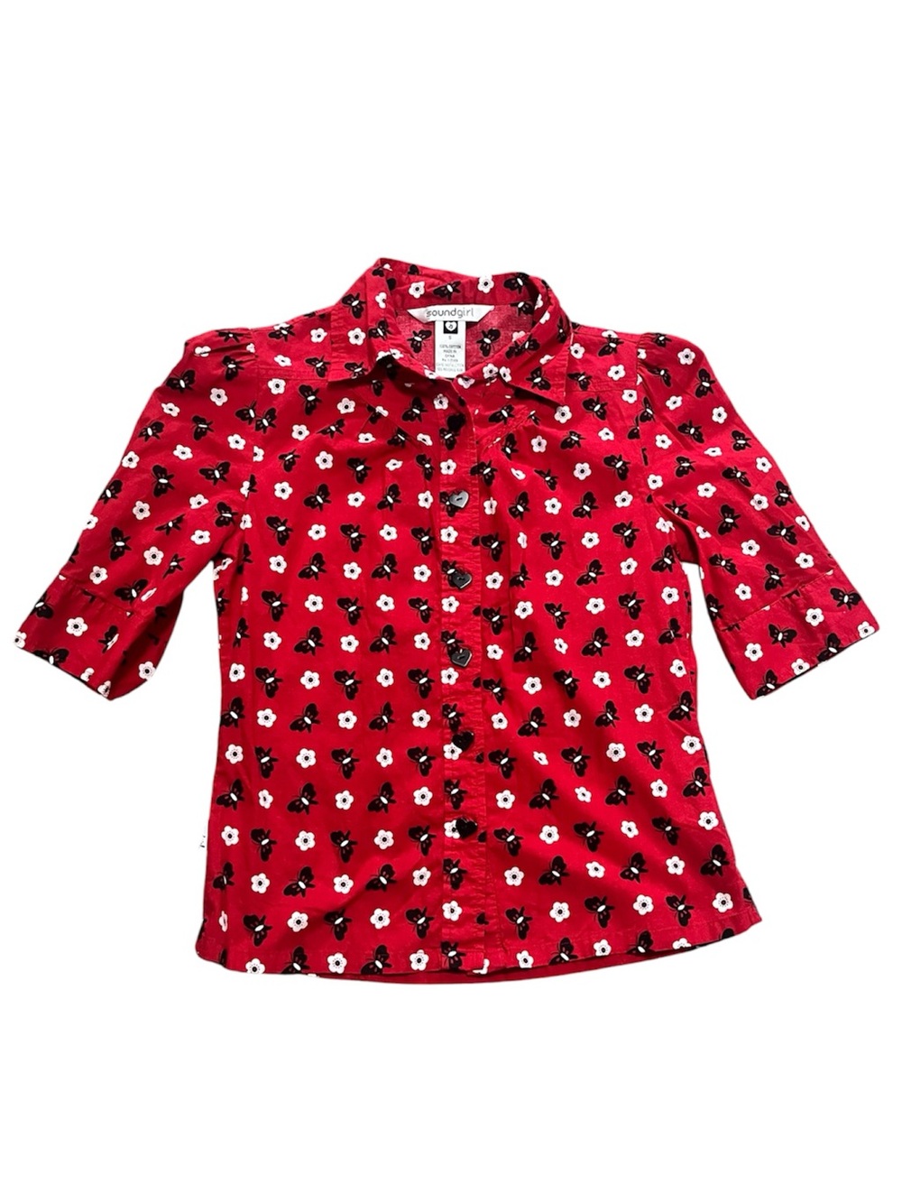Soundgirl Red Floral Button-Down heart button Top